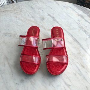 DKNY Wedge Cork Heel Sandal - Size 7 - Red with Clear Strap